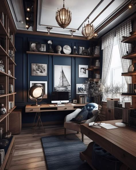 Nautical Academia, School Foyer, Home Office Desk Ideas, Office Desk Ideas, Dark Blue Rooms, Blue Home Offices, Spatial Planning, Office Ideas Home, Home Library Rooms