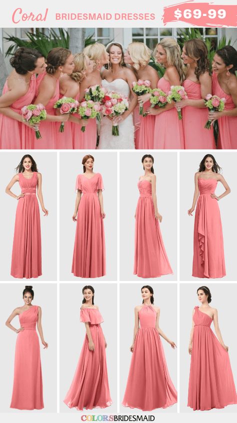 Coral bridesmaid dresses on sale $69-99, in 600+ custom-made styles and all sizes. 150+colors, made to order, fast arrived, color sample available. #colsbm #bridesmaids #bridesmaiddresses #coralwedding #weddingideas #coraldress b1142 Salmon Bridesmaid Dresses Coral, Bridesmaid Dresses Different Styles, Coral Bridesmaid Dresses Long, Bridesmaid Dresses Coral, Coral Wedding Colors, Making A Wedding Dress, Coral Bridesmaid, White Bridal Gown, Coral Bridesmaid Dresses