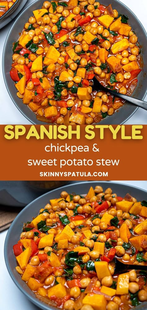 A grey bowl of chickpea and sweet potato stew with a black spoon in it Chickpea Sweet Potato Stew, Chickpea Sweet Potato Recipes, Hearty Vegan Stew, Sweet Potato Garbanzo Beans, Sweet Potato And Beans Recipes, Chickpea And Potato Recipes, Spanish Chickpea Stew, Sweet Potato Bean Soup, Sweet Potato Stew Recipes