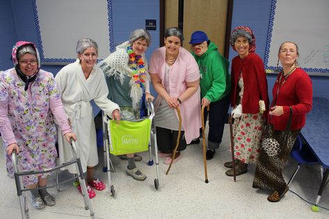 Teachers Dressed Up for 100th Day! Grandma Costume Robe, 100th Day Of School Teacher Costume, Senior Citizen Day Spirit Week Dress Up, 100 Year Old Costume For Teachers, Senior Citizen Day Spirit Week Outfits, Granny Dress Up, Senior Citizen Day Spirit Week, Senior Citizen Costume, Old Lady Halloween Costume