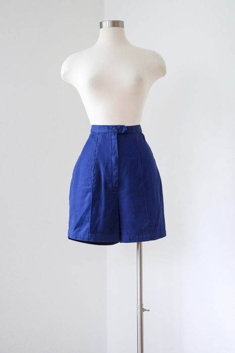 "♛Details *Date: ca. 1960s *Style: gym / sportswear shorts *Highlights: high waist; hip pocket; cute full booty cut *Colors: medium royal blue *Fabric(s): 100% sanforized cotton twill *Lined: no *Closures: snaps; metal Talon zipper (I found one example with an early nylon zipper) *Designer/Labels: Aldrich & Aldrich \"Perfection Since 1912\" The shorts shown are an ~example pair only~; the pair you will receive is the same style.  Please use the drop-down menu to select: ♛Measurements Allow room 1960s Shorts Outfit, Blue Travel Shorts, 50s Shorts, 60s Shorts, 1950s Shorts, Beatnik Style, Royal Blue Fabric, 70s Shorts, Style Gym