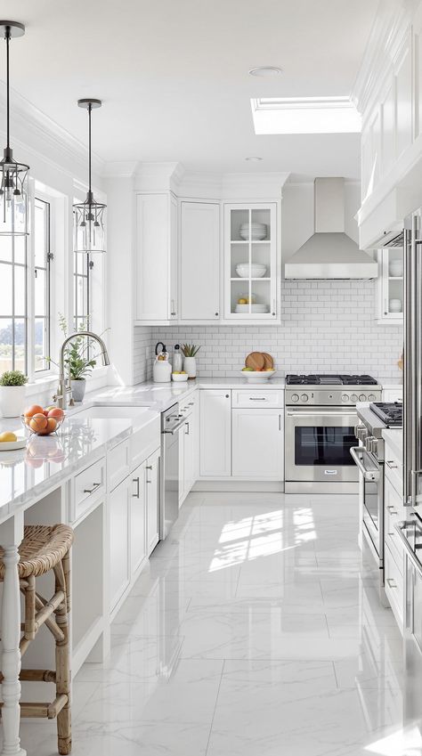 Coastal Kitchen Designs Kitchen White Walls, Coastal White Kitchen, Nantucket Kitchen, White Kitchen Designs, Coastal Kitchen Design, Coastal White, Shelving Ideas, Kitchen White, White Kitchen Design