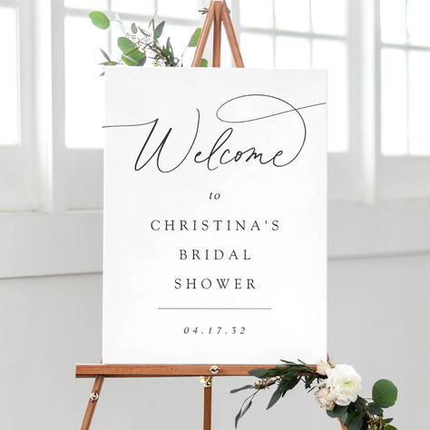 A chic foamcore easel sign to welcome guests to your bridal shower or any event, featuring classic black lettering with calligraphy script accents on a crisp white background. Foam Board Welcome Sign, Event Welcome Sign, Board Welcome Sign, Black Calligraphy, Simple Bridal Shower, Welcome Boards, Bridal Shower Welcome Sign, Shower Welcome Sign, Calligraphy Script