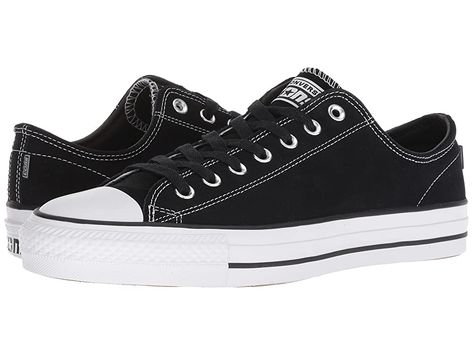 Converse Skate CTAS Pro Ox Skate (Black/Black/White) Lace up casual Shoes. The Ctas Pro Ox is a fresh take on a Converse All Star. Durable canvas or perforated suede upper materials. Traditional lace-up closure with metal eyelets for a snug fit. Smooth canvas lining. Nike Zoom Air OrthoLite insole. Original rubber toe box and toe guard  tonal sidewall trim and All Star heel patch. Stitched Converse All Star logo on tongue. Sig #ConverseSkate #Shoes #ClosedFootwear #Laceupcasual #Black Stitched Converse, Nike Zoom Air, Star Silhouette, Nike Boots, Skateboard Shoes, Star Logo, Nike Air Zoom, Chuck Taylor Sneakers, Converse All Star