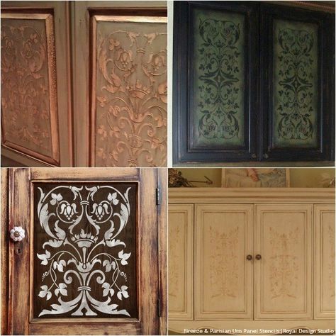 20 DIY Cabinet Door Makeovers With Furniture Stencils Kitchen Cabinet Doors Makeover, Diy Kitchen Cabinet Doors, Cabinet Door Makeover, Cabinet Door Ideas, Cabinet Door Designs, Glass Kitchen Cabinet Doors, Glass Kitchen Cabinets, Diy Cabinet Doors, Old Cabinet Doors