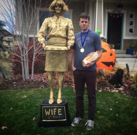 Trophy wife and bread winner costume Bread Winner Costume, Husband Wife Costume Ideas, Gold Trophy Costume, Trophy Costume Halloween, Trophy Wife Costume, Diy Halloween Costume Trophies, Trophy Husband Shirt, Punny Halloween Costumes, Trophy Husband