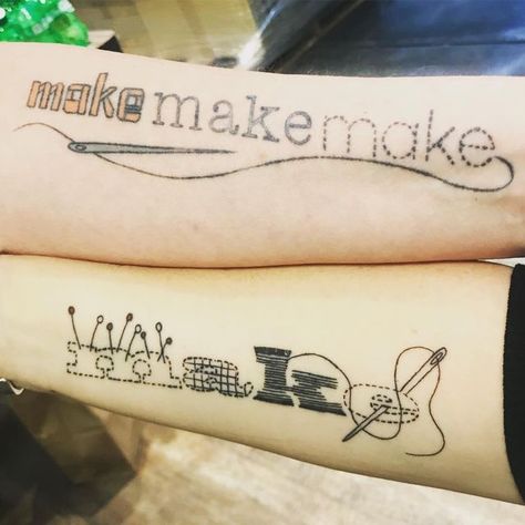 Teresa Coates on Instagram: "Twinsies!!! #makersgonnamake #sewingtattoo #quiltmarket" Sewing Machine Tattoo, Sewing Tattoos, Square Tattoo, Hook Tattoos, Embroidery Tattoo, Gorgeous Tattoos, Make Tattoo, Yarn Ball, Creative Tattoos