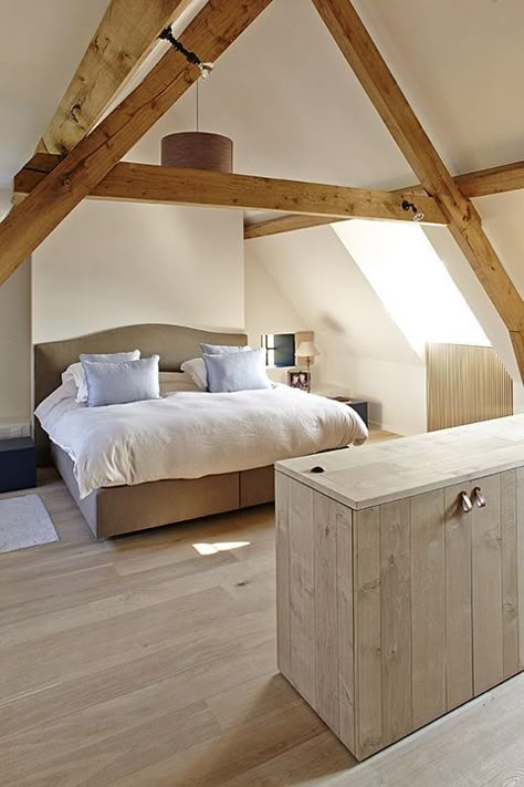 Beamed Bedroom, Loft Conversion Bedroom, Attic Bedroom Designs, Barn Renovation, Rural Living, Attic Bedrooms, Sleeping Room, Attic Spaces, Guest Room Decor