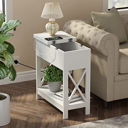 ChooChoo End Table with Charging Station, Narrow Flip Top Side Table with USB Ports & Power Outlets for Small Spaces, Bedside Table with Storage, Nightstand Sofa Table for Living Room, Bedroom White Storage Nightstand, Narrow Nightstand, Table With Charging Station, Farmhouse End Tables, Narrow Side Table, Small Nightstand, Tall End Tables, Small End Tables, Small Bedside