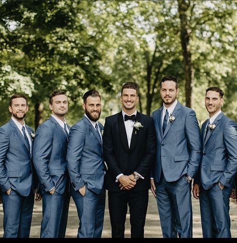 Black Tux With Dusty Blue, Blue And Black Groomsmen Attire, Black Tux Groom Blue Suit Groomsmen, Navy And Black Groomsmen, Black Tux Dusty Blue Wedding, Navy Groomsmen Suits Color Combos, Steel Blue Groomsmen Attire, Groomsmen Attire Blue, Grey Tux Wedding