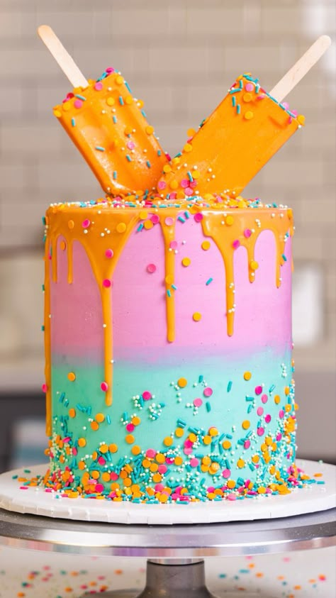 Cake decorating 
Summer cake ideas 
Cake decorating techniques Popsicle Birthday Cake Ideas, Popsicle Cake Birthday, Popsicle Cake Ideas, Two Cool Popsicle Birthday Party, Popsicle Birthday Cake, Ready To Pop Cake, Sprinkle Theme, Popsicle Cake, Melting Popsicle