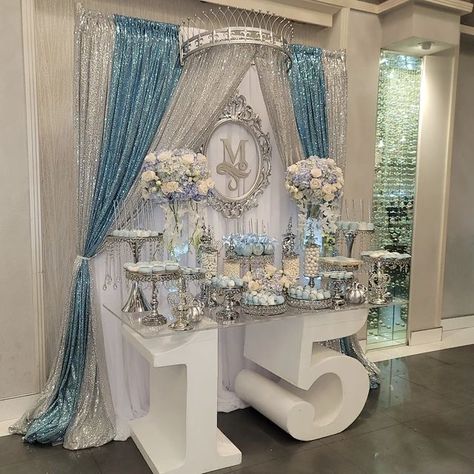 Light Blue And Silver Quinceanera Ideas, Pastel Blue Quinceanera Theme, Elsa Quinceanera Theme, Quince Winter Wonderland Theme, Winter Themed Quinceanera, Light Blue Quinceanera Theme Decorations, Baby Blue And Gold Quinceanera Theme, Cinderella 15 Theme, Cinderella Quinceanera Themes Dresses