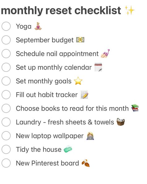 time for a monthly reset! What is on your reset checklist! monthly reset, reset checklist, september reset Monthly Reset Checklist, October Reset, September Reset, Fall Reset, Reset Checklist, Monthly Reset, Monthly Goals, Habit Tracker, Monthly Calendar