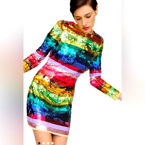 Make A Style Statement With This Eye-Catching Mac Duggal Rainbow Mini Dress That Is Sure To Turn Heads At Any Wedding Or Party. The Dress Has A Multicolor Sequin Design With Long Sleeves And A Striped Pattern That Gives It A Unique And Playful Look. It Is Perfect For Women Who Want To Stand Out And Express Their Individuality. The Dress Is Brand New With Tags And Comes In A Regular Size 12. It Is A Short Dress That Accentuates Your Curves And Adds A Touch Of Glamour To Your Wardrobe. Get Ready T Bright Dresses, Rainbow Sequin Dress, Sequined Mini Dress, Mac Duggal Dress, Plunging Neck Dress, Bright Dress, High Neck Mini Dress, Satin Cocktail Dress, Mac Duggal Dresses