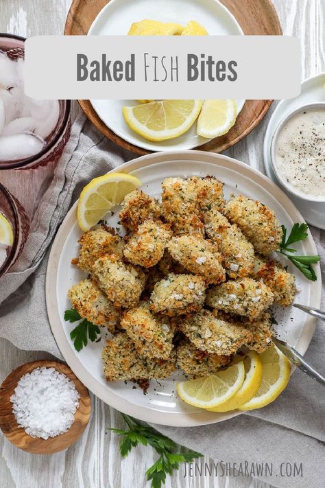 A recipe for baked fish bites - basically healthier fish sticks. Cod Nuggets, Cod Bites, Breaded Cod, Fish Breading, White Fish Recipes, Fish Bites, Panko Crumbs, Fish Sticks, Baked Cod