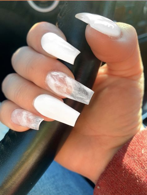 Nut White Nails Acrylic Coffin, White Glow In The Dark Nails Acrylic, White Smokey Nails, Smokey White Nails, Smokey Nails Acrylic, Really Long Nails, Purple Chrome Nails, Matte Black Nails, Stylish Nails Designs