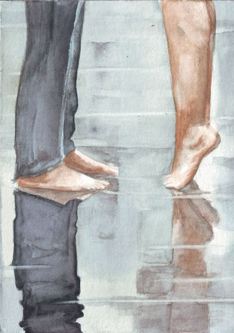 Reflections of a Kissing Couple by HelgaMcL Couple Painting, Art Couple, Romantic Art, Couple Drawings, Couple Art, Non Fiction, In The Rain, Original Watercolor Painting, 그림 그리기