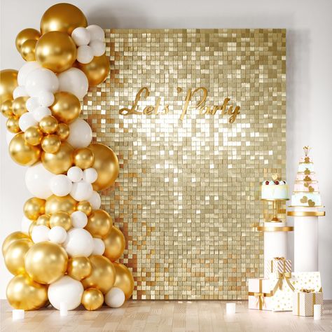 PRICES MAY VARY. Premium Quality: This shimmer wall backdrop gold sequins panels is made using high quality raw materials. Not easy to break, can be reused. Each Sequins Panels is shiny. Sequins will shine even more in the sun or light. Great Value Packaging: You will get: 24PCS: 30*30cm high quality shimmer wall backdrop gold sequins panels, 30*spare sequins. We provide enough zip ties (50pcs) and wall hooks (12pcs) to support the weight of the wind panel. And come with 1*installation manual. C Gold Shimmer Wall Backdrop, Gold Shimmer Wall, Sequins Backdrop, Wall Wedding Decor, Event Decoration Ideas, Shimmer Wall Backdrop, Glitter Curtains, Balloon Accessories, Black And Gold Party