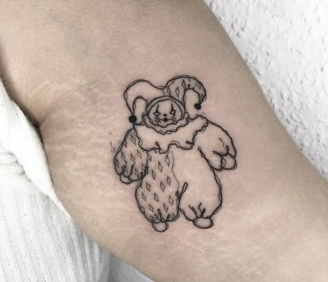 Weird Cool Tattoos, Big Simple Tattoos, Clown Tattoo Cute, Clown Tattoo Simple, Weirdcore Tattoo, Cute Clown Tattoo, Silly Little Tattoos, Clown Tattoos, Circus Tattoo