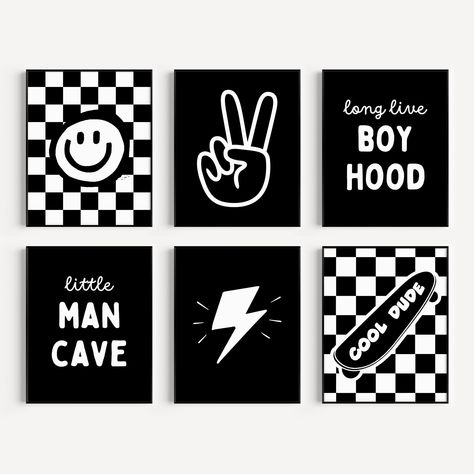 PRICES MAY VARY. Set of 6 Prints: This set includes six Little Man Cave & Long Live Boyhood prints accompanied by 60 adhesive dots, offering versatility and variety for your decorating needs. High Quality Materials: Crafted from premium 300GSM paper with an elegant film coating, these prints are durable and dust resistant, preserving your images with clarity and texture. Nursery Wall Decor: Ideal for decorating a little man's space, these posters can be easily applied to the wall or framed for a Punk Rock Nursery, Boys Room Theme Ideas, Pottery Barn Toddler Room Boy, Skate Nursery, Sports Themed Nursery For Boys, Retro Boy Nursery, Room Ideas For Teen Boys, Black And White Boy Nursery, Toddler Boy Bathroom Ideas