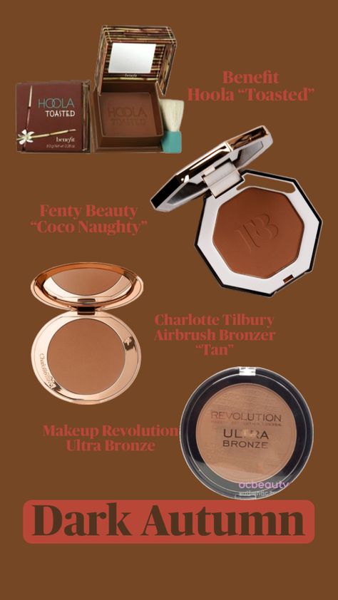 Deepen and define your rich, warm tones with the perfect bronzers and contours for Deep Autumn! Featuring deep and warm products like Benefit Hoola Toasted and Fenty Beauty Sun Stalk’r in Coco Naughty, this guide helps you find the ideal shades to enhance your naturally rich, autumnal coloring. Pin now for your go-to bronzer picks that add warmth and depth for Deep Autumn! Makeup For Deep Autumn, Warm Autumn Makeup, Deep Autumn Makeup, Deep Autumn Color Palette, Best Contouring Products, Autumn Makeup, Color Seasons, Benefit Hoola, Flamboyant Natural