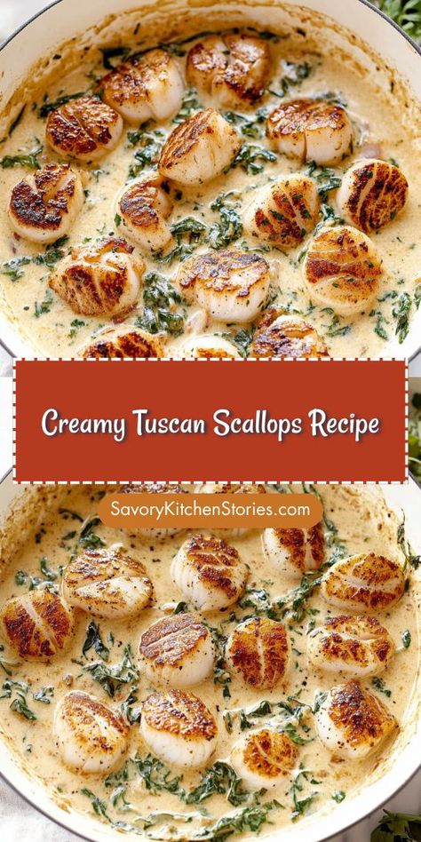 Want to impress your dinner guests with a gourmet meal? This Creamy Tuscan Scallops Recipe features succulent scallops in a luscious sauce that’s easy to make. Perfect for any occasion! Save this recipe now to add a touch of elegance to your scallops dinner ideas! Scallops Sauce Recipe, Christmas Seafood Dinner Menu Ideas, Tuscan Scallops, Scallops Dinner Ideas, Sauce For Scallops, Scallops Dinner, Best Scallop Recipe, Main Dinner Dishes, Easy Scallop Recipes