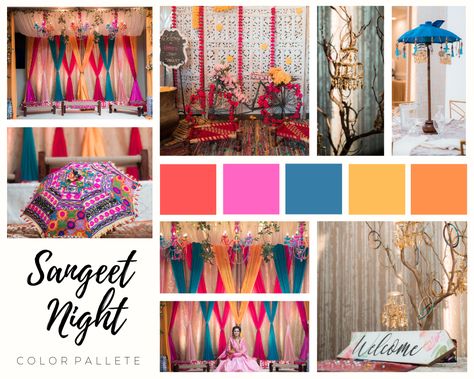 An Indian wedding color palette & style board, the perfect decor for a sangeet or pre-wedding event Sangeet Color Schemes, Indian Wedding Decor Color Schemes, Rajasthan Color Palette, Punjabi Wedding Colour Scheme, Indian Wedding Mood Board Ideas, Indian Wedding Theme Colors, Traditional Indian Colour Palette, Haldi Palette, Sangeet Color Palette