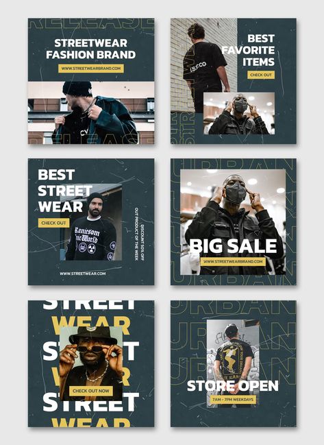 Streetwear Fashion Instagram Post Templates PSD Streetwear Social Media Design, Streetwear Magazine Layout, Streetwear Instagram Post, Streetwear Ideas Design, Instagram Clothing Post Ideas, Streetwear Clothing Brand Instagram Feed Ideas, Clothing Social Media Post Design, Clothing Instagram Post, Streetwear Social Media