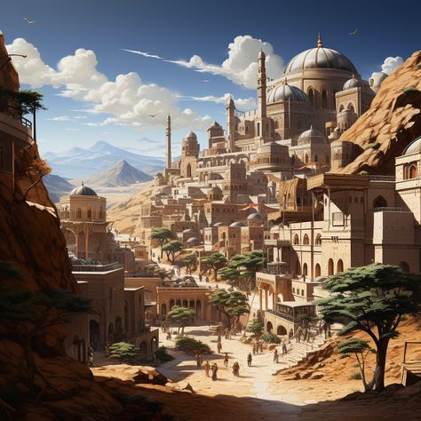 Ai made me do it Desert City Concept Art, City Concept Art, Ancient Atlantis, Dnd Locations, Fantasy Locations, Desert City, Fantasy Village, Fantasy Town, Dream Fantasy