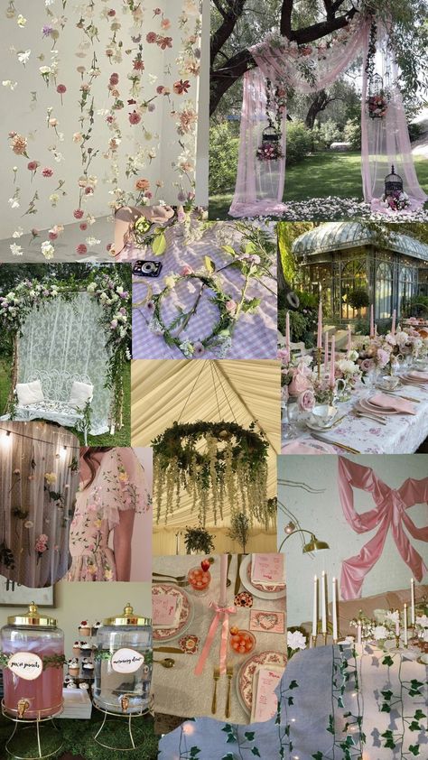 mood board for a simple garden & fairy party #wishlist #birthdayinspo #birthday #birthdayaesthetic #garden #gardenaesthetic #fairycore #fairyaesthetic #fairy #coquette #pink Garden Theme Party Aesthetic, Grown Up Fairy Party, Fairy Theme 18th Birthday Party, Gnome Garden Party, Garden Party Sweet 16 Theme, Secret Garden Decorations Party, Fae Party Ideas, Fairy Garden Bachelorette Party, Fairy Tale Themed Party