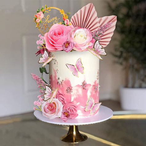 Cakes With Butterflies And Flowers, Old Rose Cake Design, Butterfly And Flower Cake Design, Butterfly Garden Birthday Cake, Pink Rose Cake Birthday, Boho Butterfly Cake, Butterfly Themed Birthday Cake, Butterfly Flower Cake, Flower And Butterfly Cake