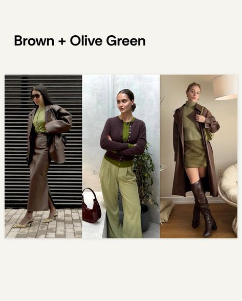 Good combinations for your outfits🔥 Brown And Olive Green Outfit, Olive Green And Brown Outfit, Brown Color Combinations Outfits, Brown Green Outfit, Green Brown Outfit, Themed Party Outfits, Taupe Outfit, Olive Green Outfit, 2024 Moodboard