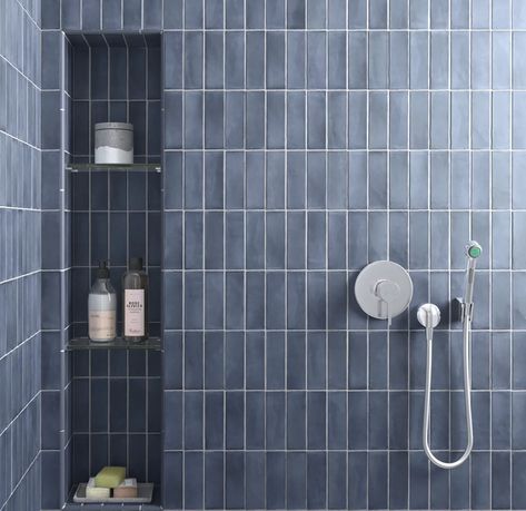 Coco Blue Night: 50x150mm - Myaree Ceramics Brick Tiles Bathroom, Brick Style Tiles, Navy Blue Tile, Navy Blue Bathrooms, Blue Subway Tile, Blue Tile Wall, Blue Bathroom Tile, Navy Kitchen, Rectangle Tiles