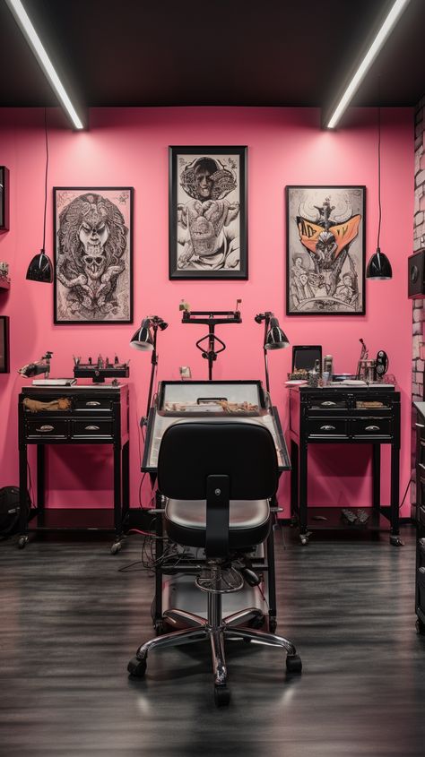 Tattoo Room Studio Decor, Pink Tattoo Shop, Tattoo Studio Ideas, Tattoo Room Ideas, Tattoo Shop Aesthetic, Pink Tattoo Studio, Studio Desing, Tattoo Room, Tattoo Shop Interior