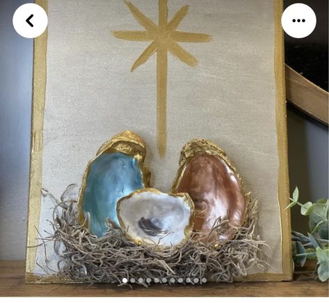 Oyster Nativity, Seashell Nativity, Oyster Shell Nativity, Waldorf Advent, Oyster Shell Christmas Tree, Shell Nativity, Ocean Ornaments, Oyster Shells Diy, Oyster Crafts