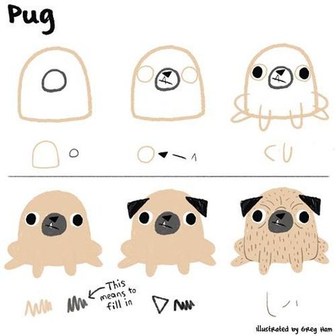 How To Draw A Pug, Cute Pug Drawing, Pug Doodle, Draw A Pug, Pug Drawing, Ed Emberley, Pug Illustration, Pugs And Kisses, Pug Pictures