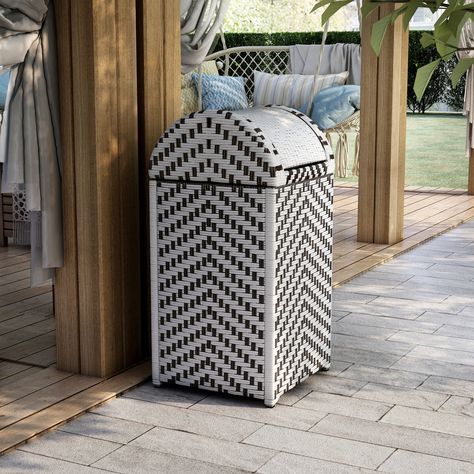 Upgrade your outdoor space with the ease and convenience of this contemporary wicker deck storage that pulls double-duty as a swim towel hamper. Patio Trash Can Ideas, Pool Deck Storage Ideas, Outdoor Pool Towel Storage Ideas, Pool Towel Storage Ideas, Pool Storage Ideas, Outdoor Deck Storage, Towel Hamper, Pool Towel Storage, Outdoor Organization