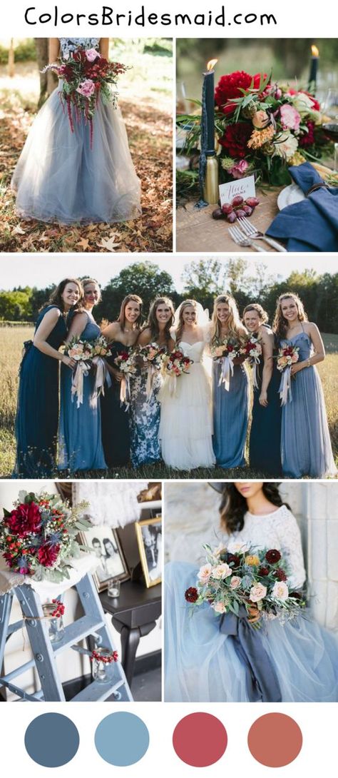 Romantic Wedding Colors, Burgundy Wedding Colors, Fall Wedding Color Schemes, Wedding Burgundy, Wedding Color Palettes, Fall Wedding Color Palette, Blue And Burgundy, Dusty Blue Bridesmaid Dresses, Wedding Colors Blue