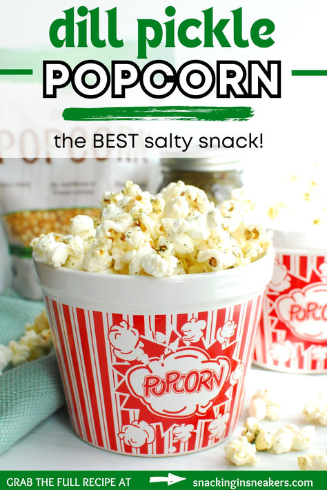 A bowl of dill pickle popcorn with the text overlay with the name of the recipe. Dill Pickle Seasoning, Dill Pickle Popcorn, Stovetop Popcorn Recipes, Pickle Popcorn, Pickle Seasoning, Stovetop Popcorn, Popcorn Snacks, Popcorn Recipe, Popcorn Kernels