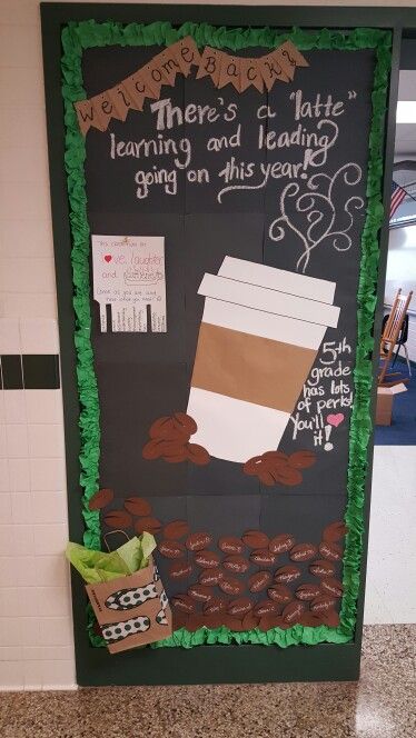 Coffee Door Decorations Classroom, Coffee Theme Bulletin Board Ideas, Coffee Bulletin Board Classroom, Classroom Themes Unique, Coffee Door Decorations For School, Classroom Coffee Shop Theme, Starbucks Bulletin Board Ideas, Starbucks Classroom Door, Inspirational Bulletin Boards For Work