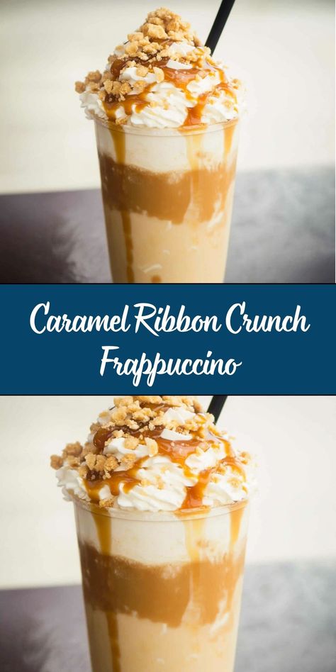 The Caramel Ribbon Crunch Frappuccino is a sweet, creamy, and indulgent treat layered with caramel syrup, coffee, and crunchy caramel topping. Inspired by the popular Starbucks drink, this homemade version is easy to make and customizable to your taste. How To Make Caramel Crunch Topping, Carmel Ribbon Crunch Recipe, Torani Caramel Syrup Recipes, Salted Caramel Frappuccino Recipe, Caramel Ribbon Crunch Frappuccino Recipe, Caramel Crunch Frappuccino, Caramel Ribbon Crunch Frappuccino, Ribbon Crunch Frappuccino, Caramel Ribbon Crunch