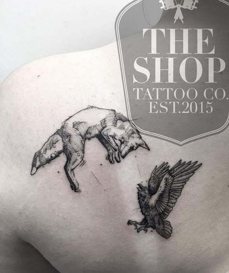 The Shop Tattoo Co best tattoo shop in toronto fox tattoo fox and crow tattoo geometrical tattoo Fox And Crow Art, Wolf Crow Tattoo, Fennec Fox Tattoo Design, Fox And Bird Tattoo, Fox And Raven Tattoo, Creepy Fox Tattoo, Owl And Fox Tattoo, Fox And Crow Tattoo, Mewithoutyou Tattoo