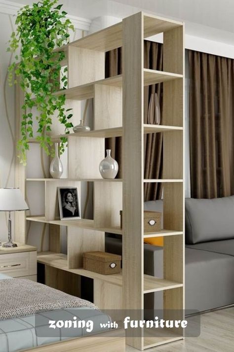 Zoning with Furniture Bookshelf Room Partition, Shelf Room Separator, Room Partition Shelf, Partition Shelves Space Dividers, Shelf Room Divider Ideas, Slim Shelf Room Divider, Room With Bookshelves, Office Redesign, Room Divider Shelves