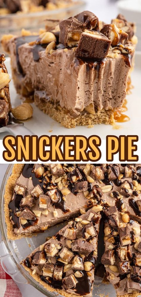 Snickers Pie is a delicious no bake dessert recipe with a graham cracker crust and a creamy filling made with cream cheese, cocoa powder, caramel sauce and Cool Whip all loaded with salted peanuts and chopped Snickers candy bars. Snicker Pie Recipe, Soda Cracker Pie, Snickers Dessert, Snickers Pie, Snickers Recipe, Light Headed, Snickers Cake, Cupcake Business, Baking Recipes Pie