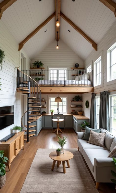 Tiny House Loft with Spiral Staircase and Neutral Color Palette Cottage Design Ideas, Tiny House Loft, Cozy Interiors, House Loft, Cottage Charm, Loft Living, Dream Cottage, Modern Cottage, Spiral Staircase