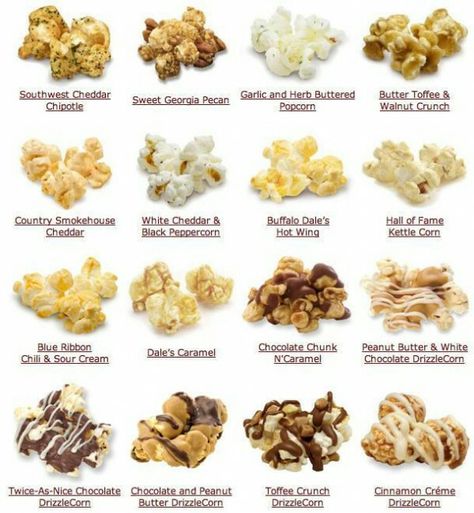 Types of popcorn Types Of Popcorn, Popcorn Ideas, Popcorn Treats, Popcorn Balls, Popcorn Snacks, Popcorn Seasoning, Butter Toffee, Popcorn Machine, Hollywood Theme