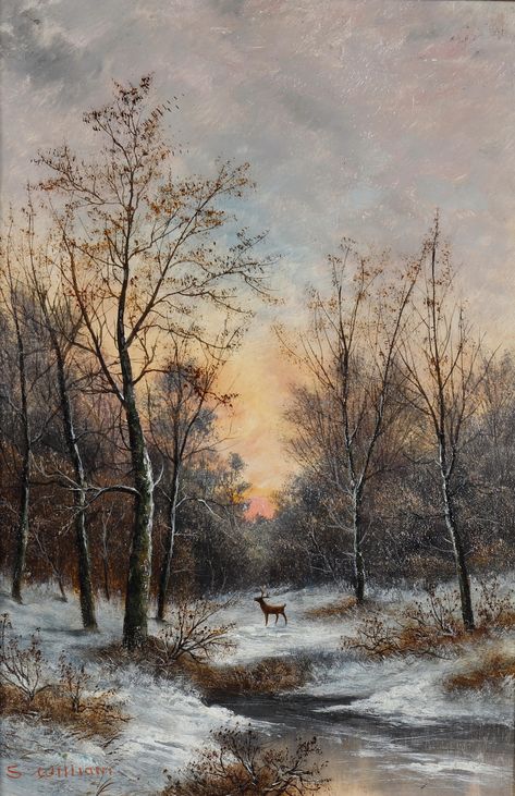 S. WILLIAM (C.1890). DEER IN A SNOWY FOREST. Winter Landscape Painting, Painting Snow, Snowy Landscape, Snowy Forest, Winter Painting, Forest Painting, 수채화 그림, Winter Scenery, Winter Pictures