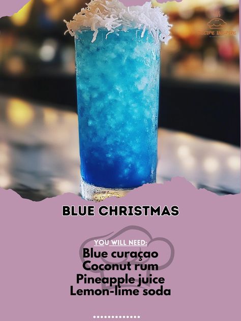 Beat the winter blues with this refreshing Blue Christmas cocktail! Perfect for festive gatherings and cool winter nights! ❄️🍹 #WinterCocktail #BlueChristmas Blue Christmas Ingredients: Blue curaçao (1 oz) Coconut rum (1 oz) Pineapple juice (2 oz) Lemon-lime soda (1 oz) Ice cubes (as needed) Shredded coconut (for garnish) Instructions: In a shaker, mix blue curaçao, coconut rum, and pineapple juice with ice. Shake and pour into a glass filled with ice. Top with lemon-lime soda and garnish... Blue Winter Drinks, Blue Christmas Drink, Blue Winter Drinks Alcoholic, Blue Curacao Christmas Drinks, Blue Curacao Drinks Coconut Rum, Grinch Cocktail With Blue Curacao, Winter Drinks Alcoholic, Rum And Pineapple Juice, Layered Drinks