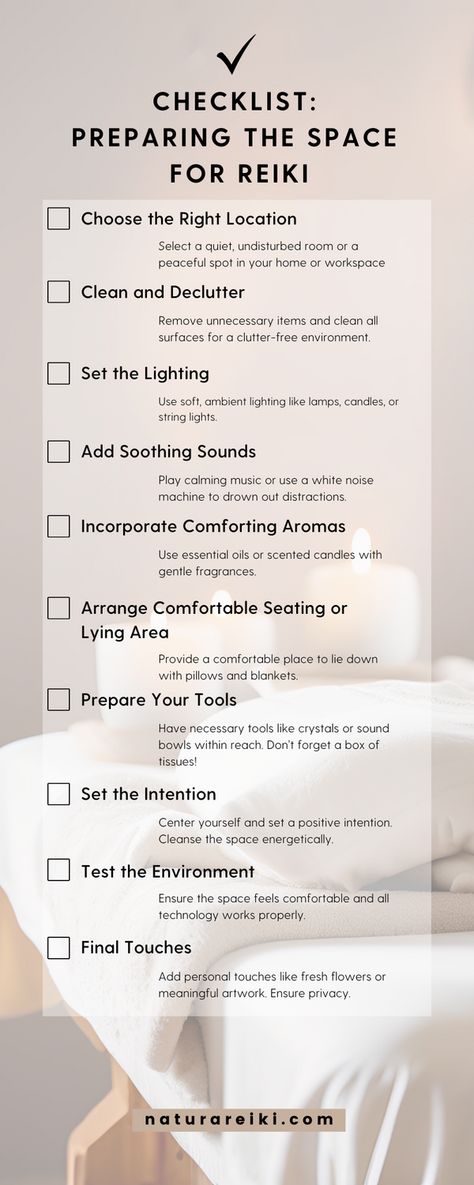 Create a sacred and tranquil space for a successful Reiki session with this easy-to-follow checklist. Whether in-person or virtual, set the perfect environment for relaxation and healing. #Reiki #Healing #Wellness #MindBodySpirit #HomeSanctuary Reiki Price List, Reiki Table Set Up, Reiki Table, Reiki Infused Products, Reiki Studio, Reiki Business Ideas, Healing Room Ideas, Reiki Room Ideas, Reiki Business