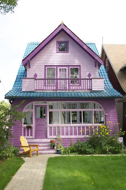 The homes and businesses in Regina's Cathedral district are all distinct and individualistic. Pink Cottages, Purple House, Colorful House, Gorgeous Homes, Pink Victorian, Blue Roof, Small Cottages, Painted Ladies, House Color